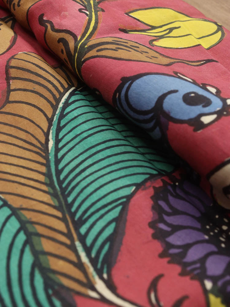 Red Hand Painted Kalamkari Pure Silk Fabric ( 1 Mtr ) - Luxurion World