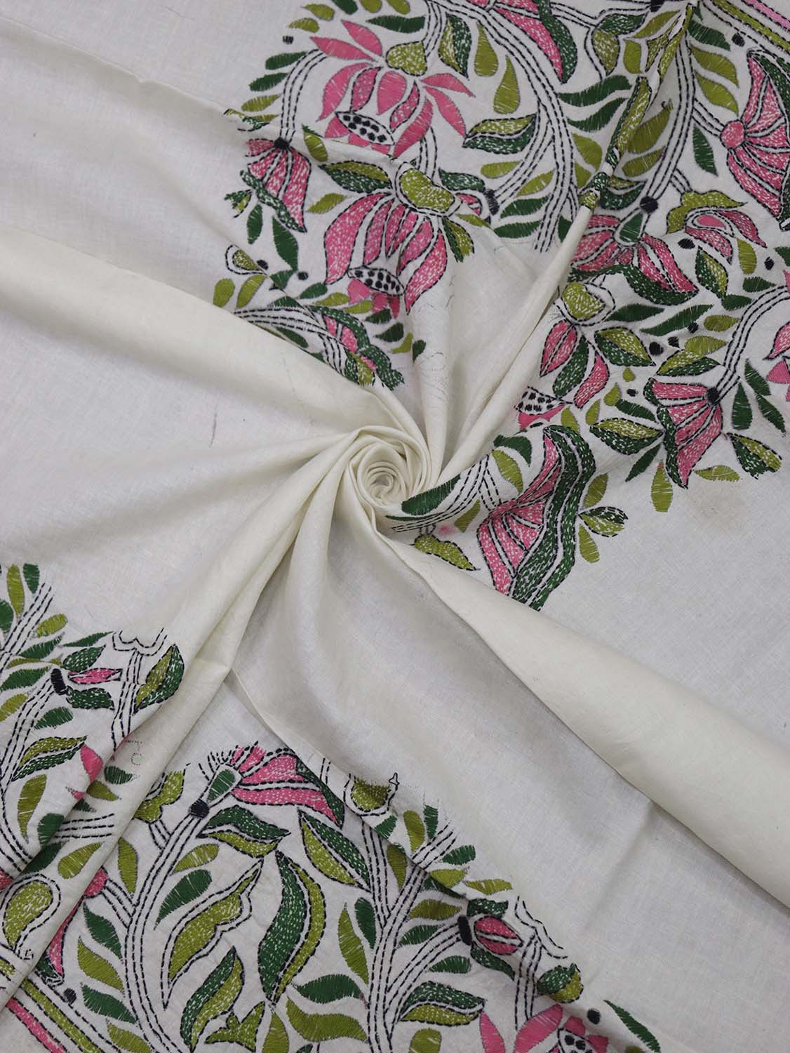 Shop White Embroidered Kantha Cotton Blouse Fabric - 1 Mtr - Luxurion World