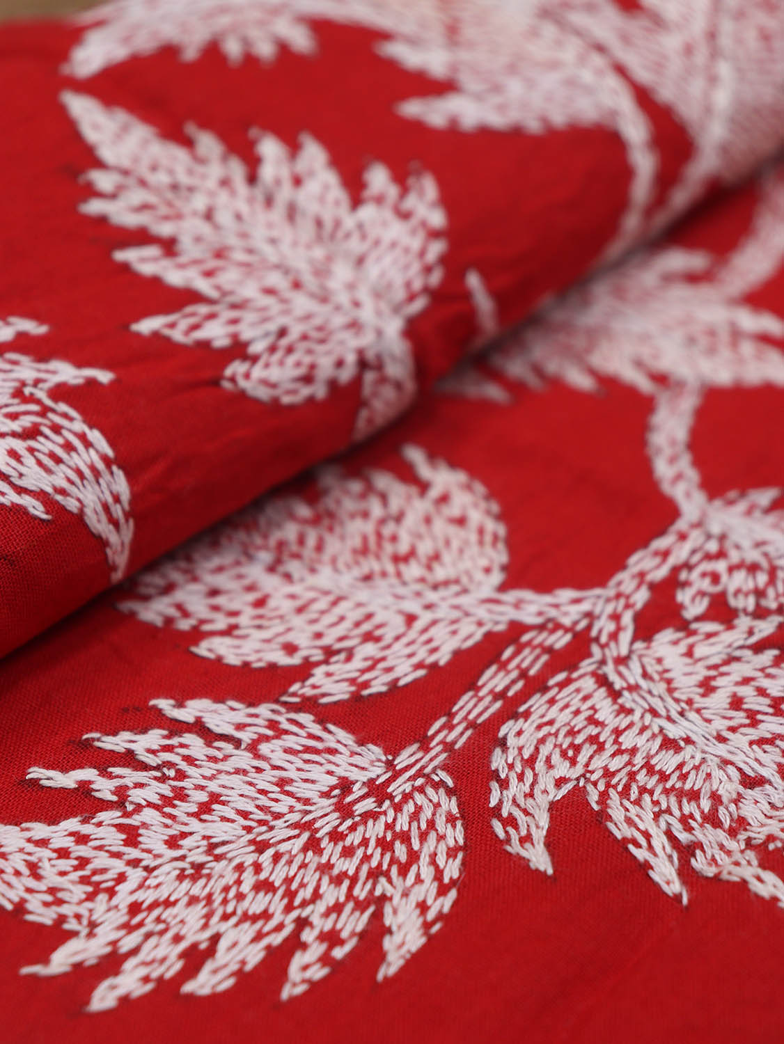 Shop Red Embroidered Kantha Cotton Blouse Fabric - 1 Mtr Length - Luxurion World