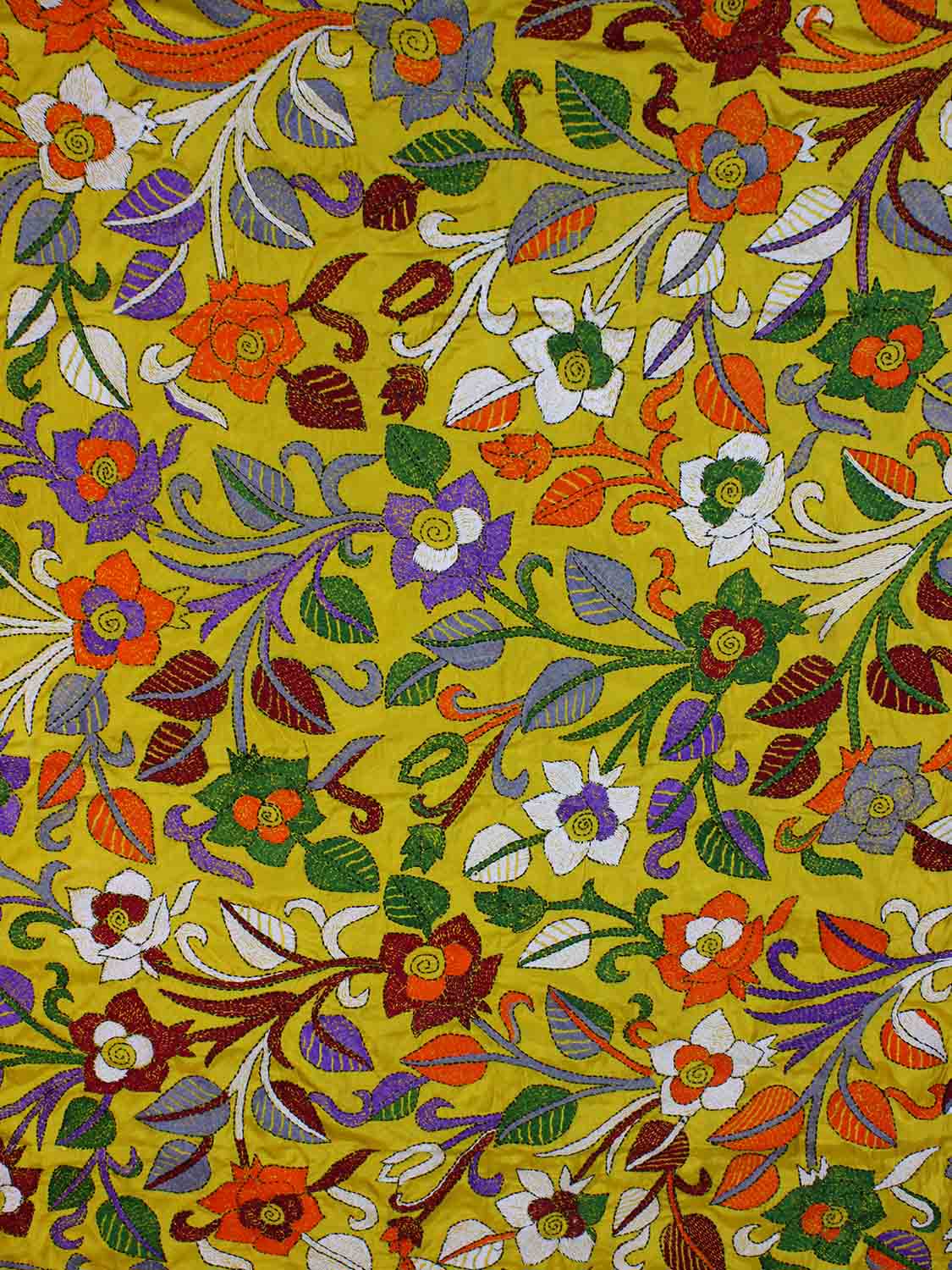 Yellow Hand Embroidered Kantha Silk Fabric ( 1 Mtr ) - Luxurion World