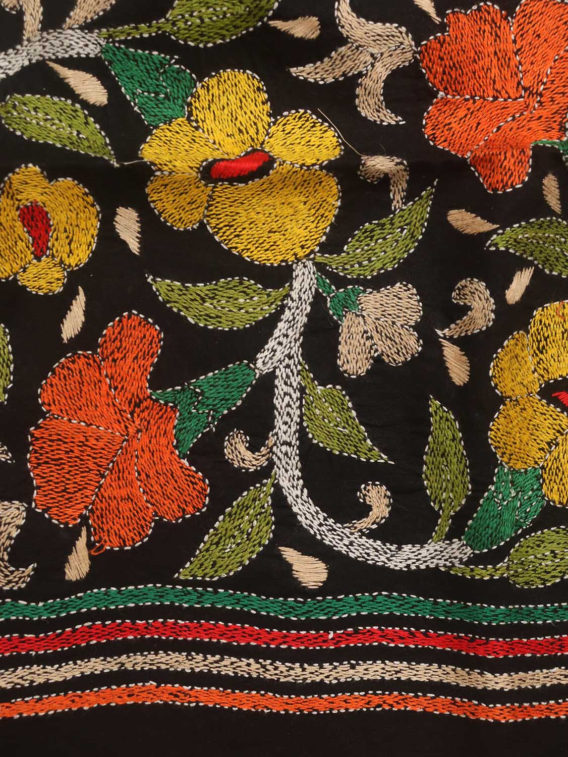 Black Embroidered Kantha Cotton Blouse Piece Fabric ( 1 Mtr ) - Luxurion World