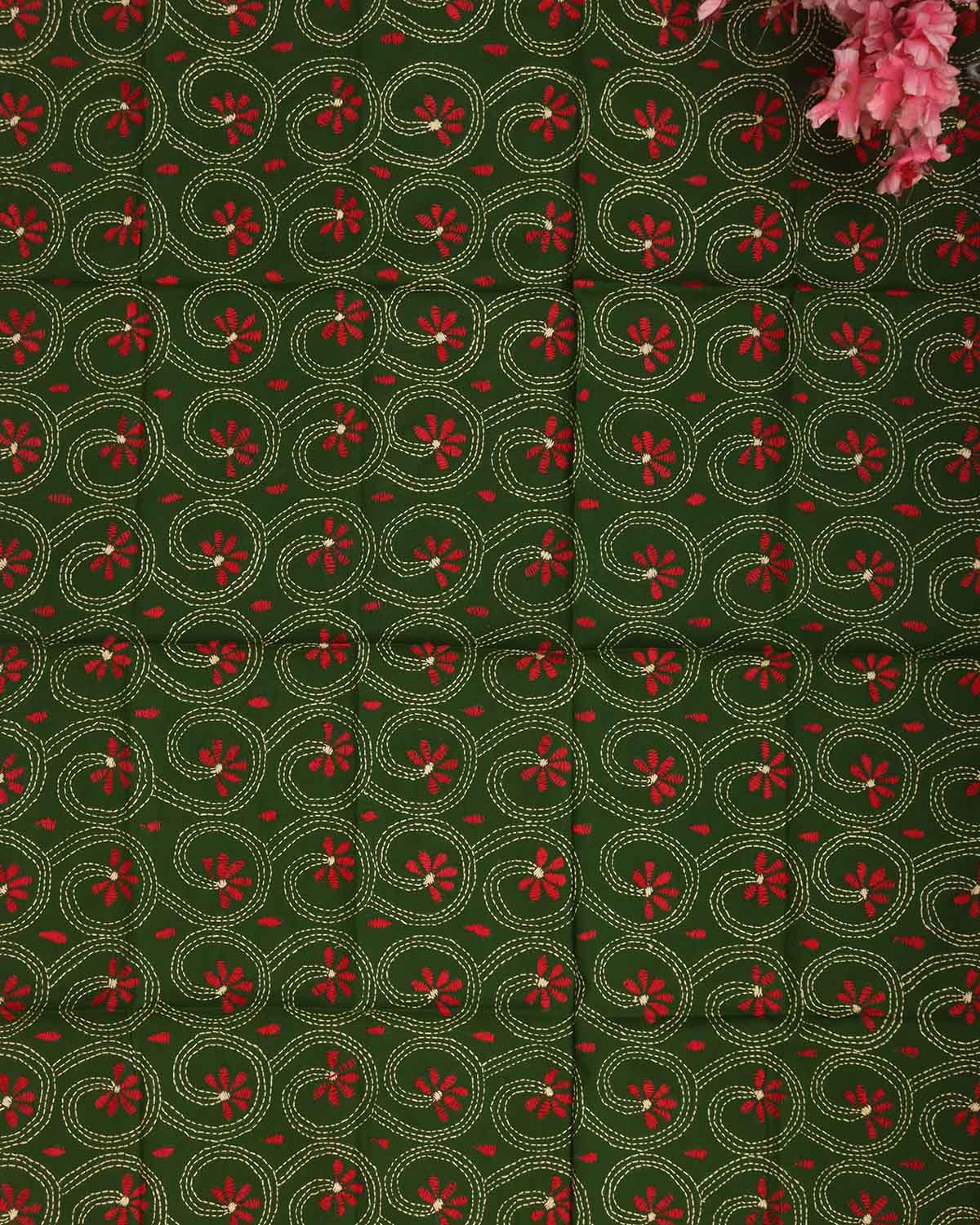 Green Embroidered Kantha Cotton Blouse Piece Fabric ( 1 Mtr ) - Luxurion World