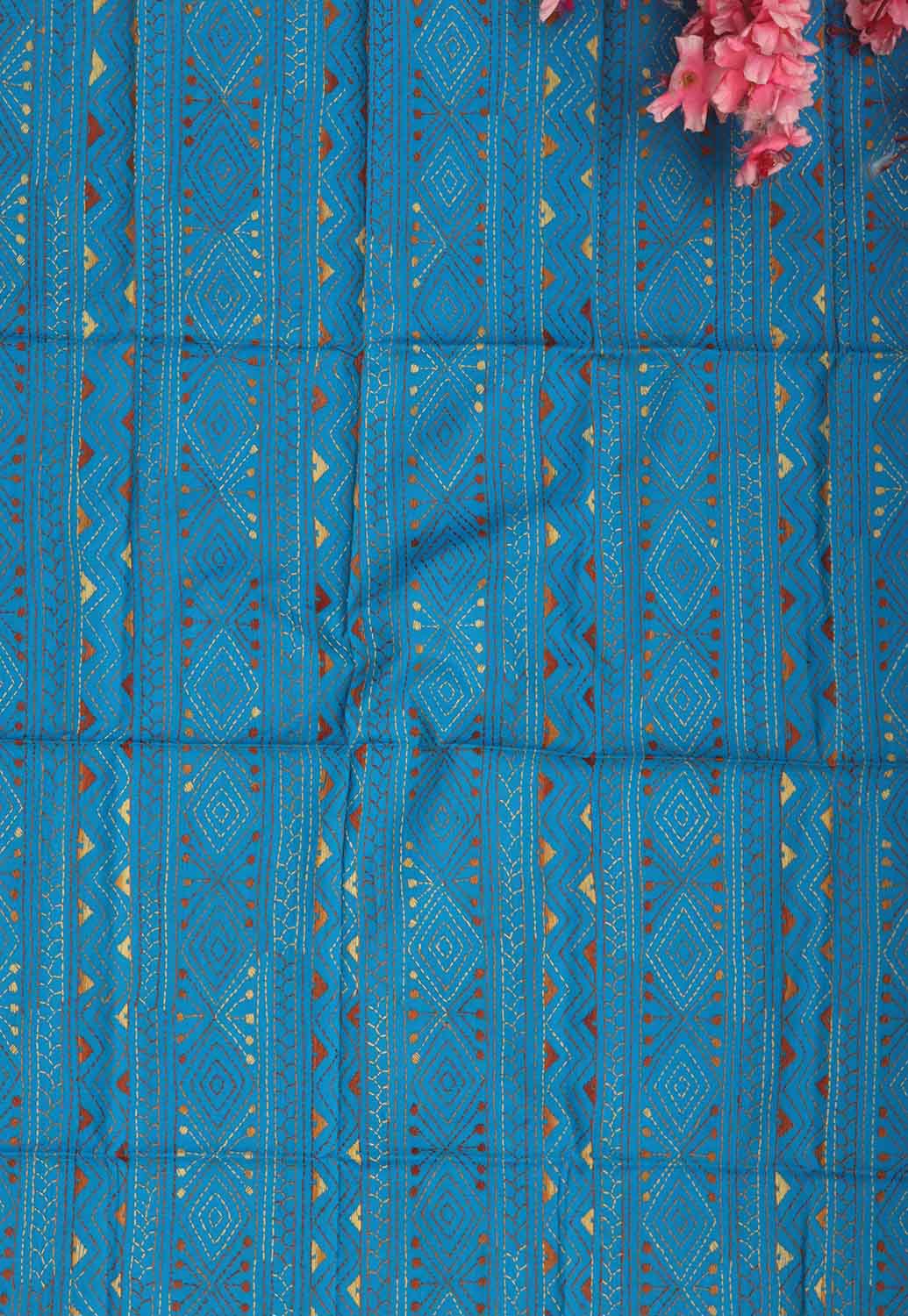 Blue Embroidered Kantha Cotton Blouse Piece Fabric ( 1 Mtr ) - Luxurion World