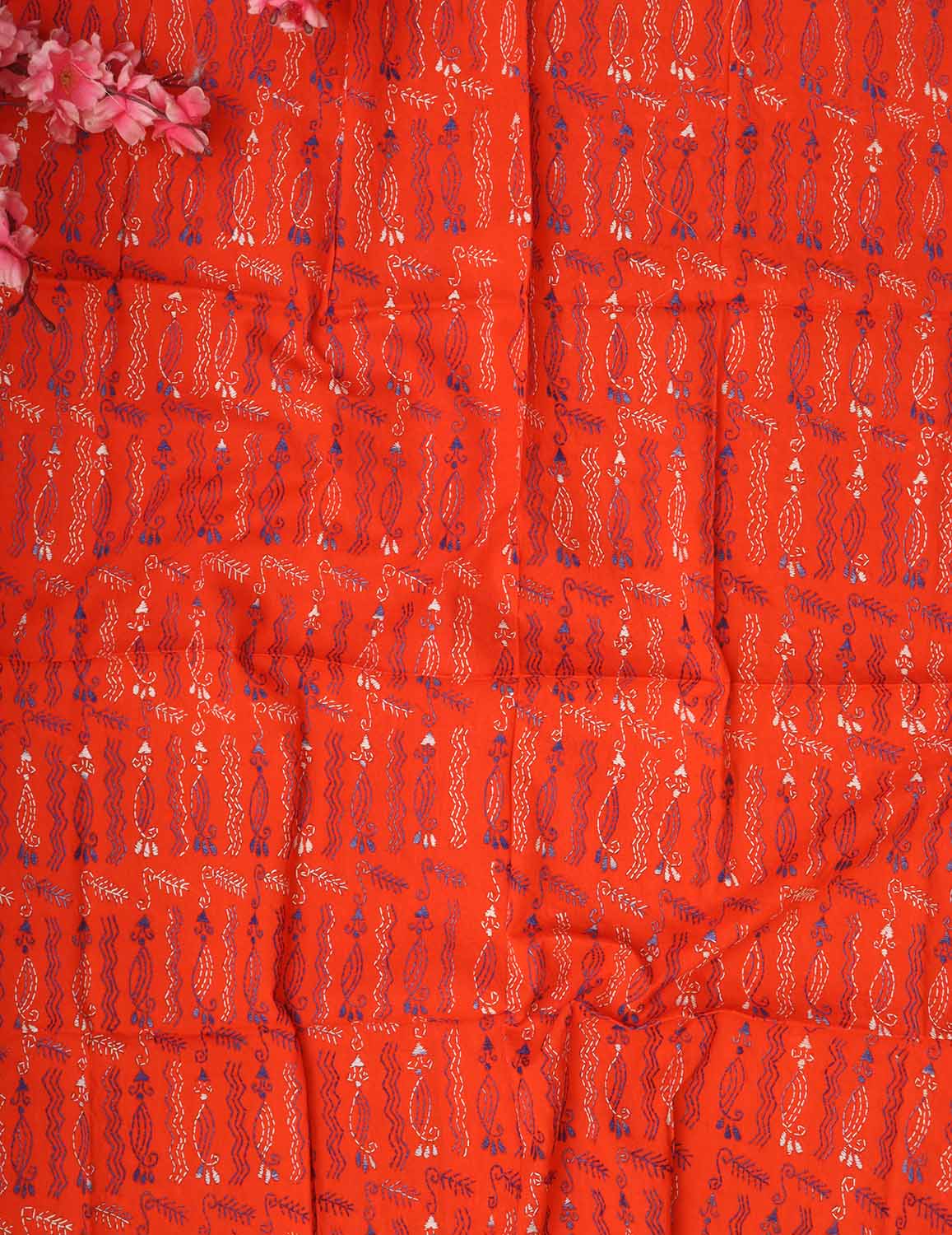 Orange Embroidered Kantha Cotton Blouse Piece Fabric ( 1 Mtr ) - Luxurion World