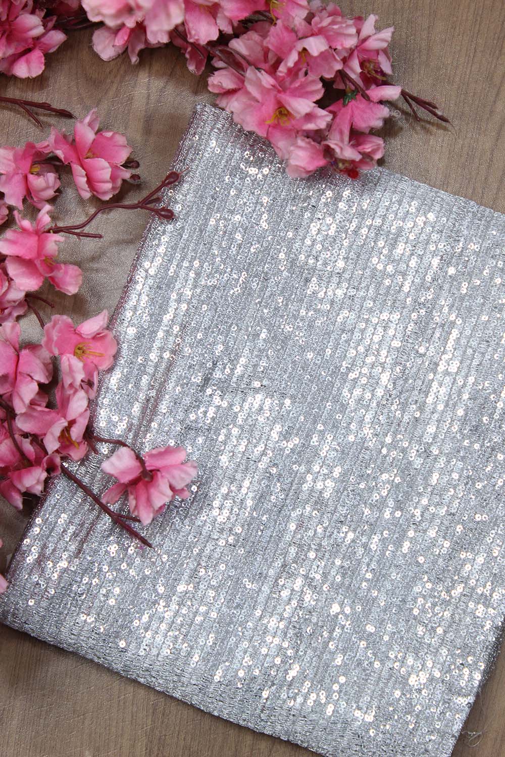 Silver Trendy Georgette Sequins Work Fabric ( 1 Mtr ) - Luxurion World