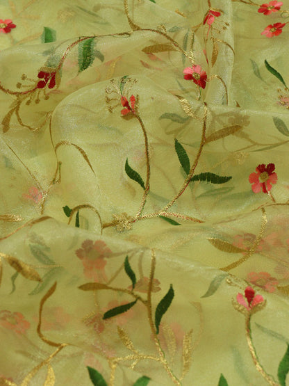 Yellow Embroidered Trendy Organza Silk Floral Design Fabric ( 1 Mtr ) - Luxurion World