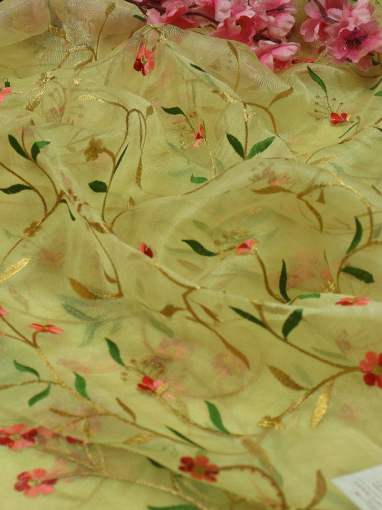 Yellow Embroidered Trendy Organza Silk Floral Design Fabric ( 1 Mtr ) - Luxurion World