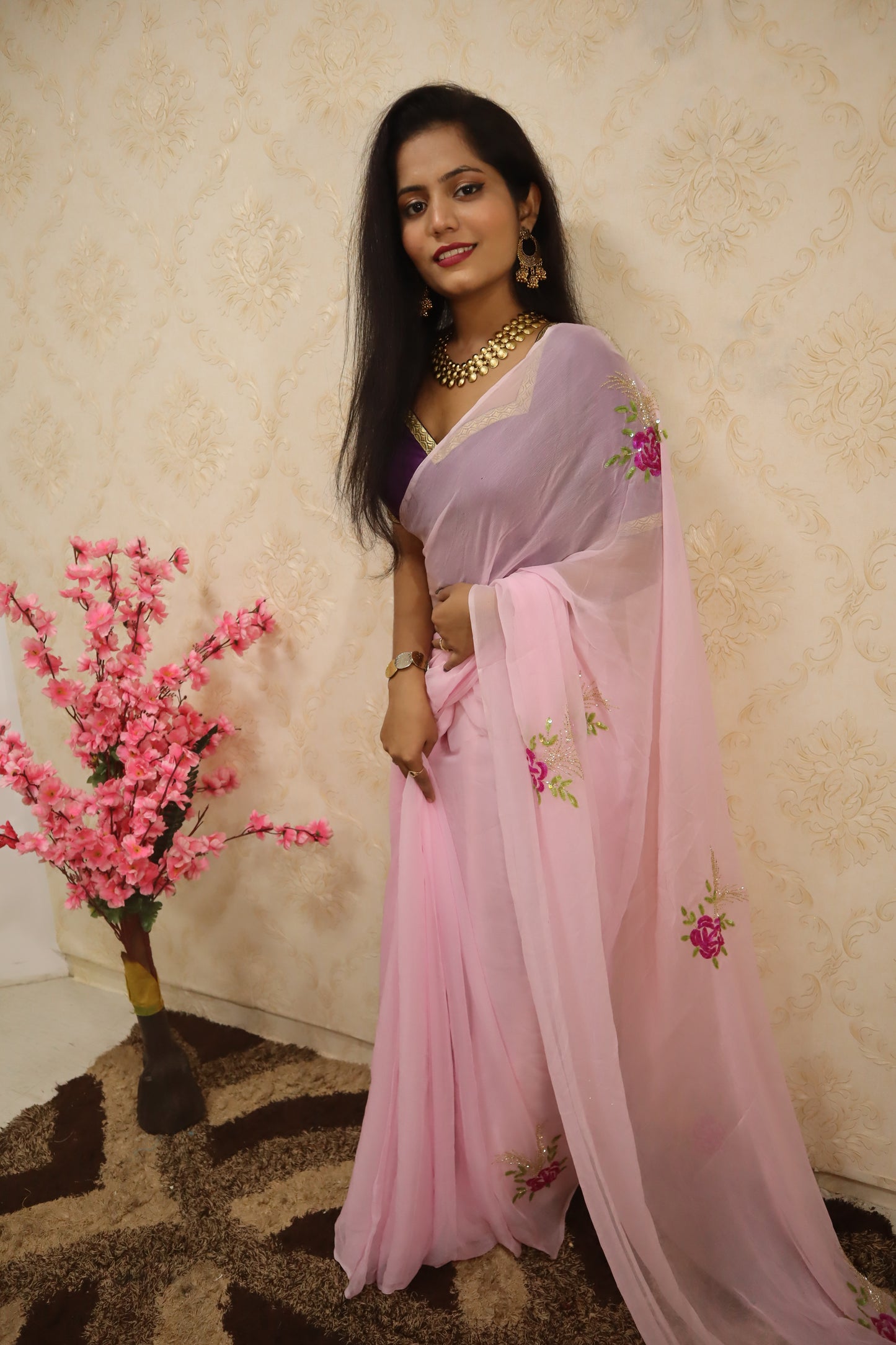 Pink Gota Patti Chiffon Saree - Luxurion World