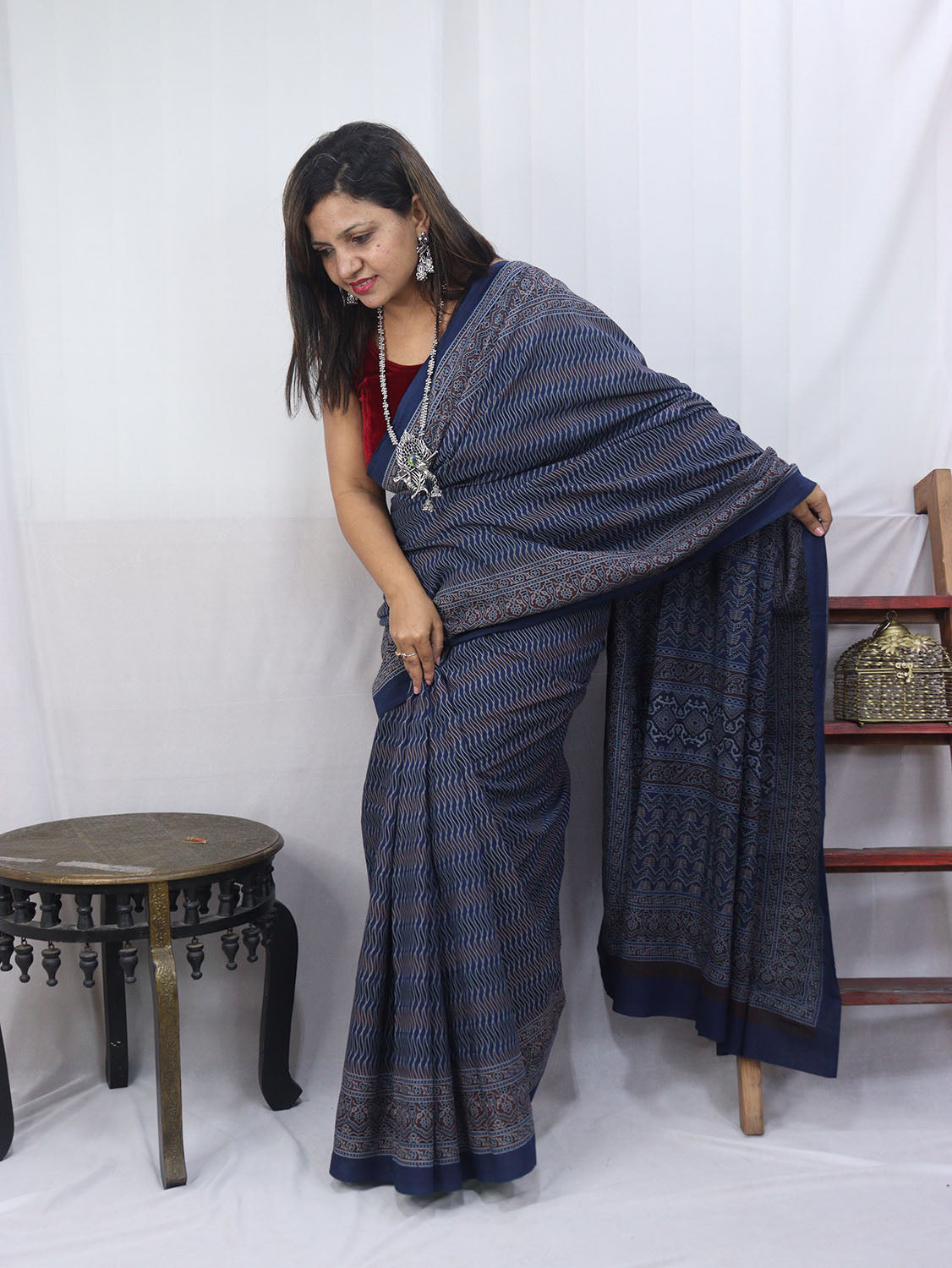 Blue Block Printed Ajrakh Work Cotton Saree - Luxurion World