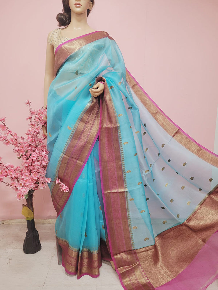 Blue Handloom Banarasi Pure Kora Silk Saree - Luxurion World