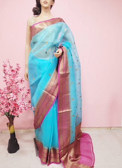 Blue Handloom Banarasi Pure Kora Silk Saree - Luxurion World