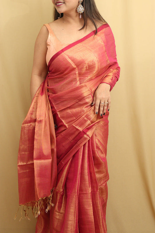 Stunning Pink Bengal Tissue Cotton Saree - Luxurion World