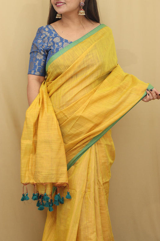 Yellow Bengal Plain Tissue Cotton Saree - Elegant and Timeless - Luxurion World