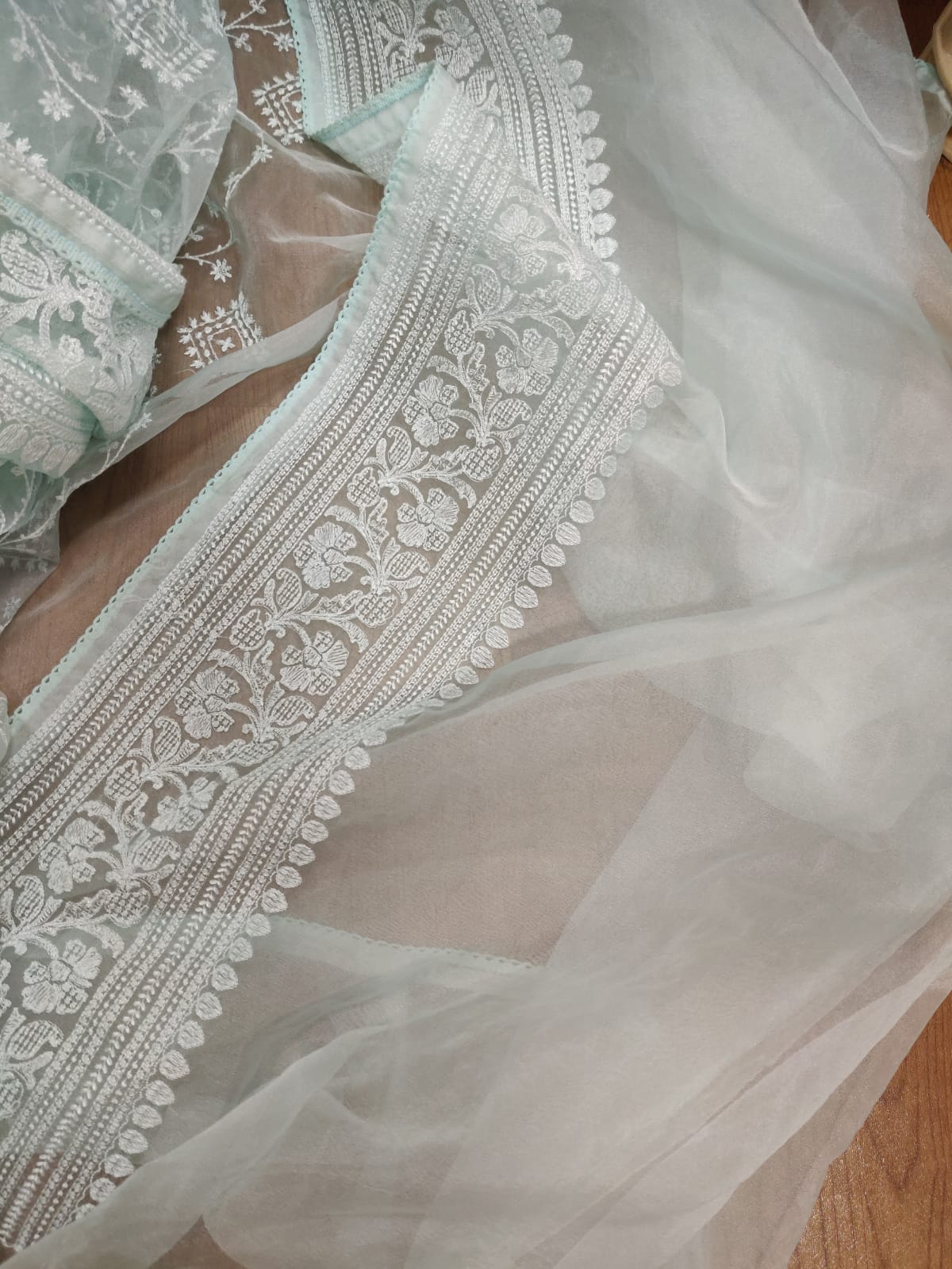 Blue Embroidered Chikankari Organza Silk Saree - Luxurion World