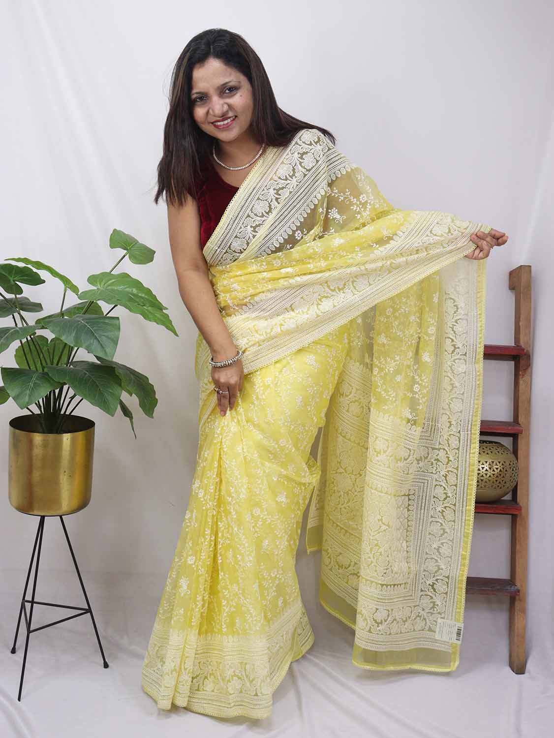 Yellow Embroidered Chikankari Organza Silk Saree - Luxurion World