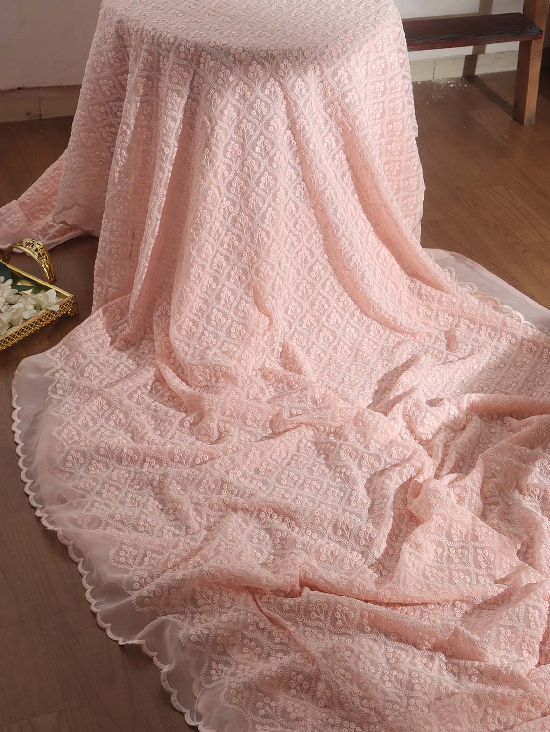 Pink Embroidered Chikankari Georgette Sequins Work Saree - Luxurion World