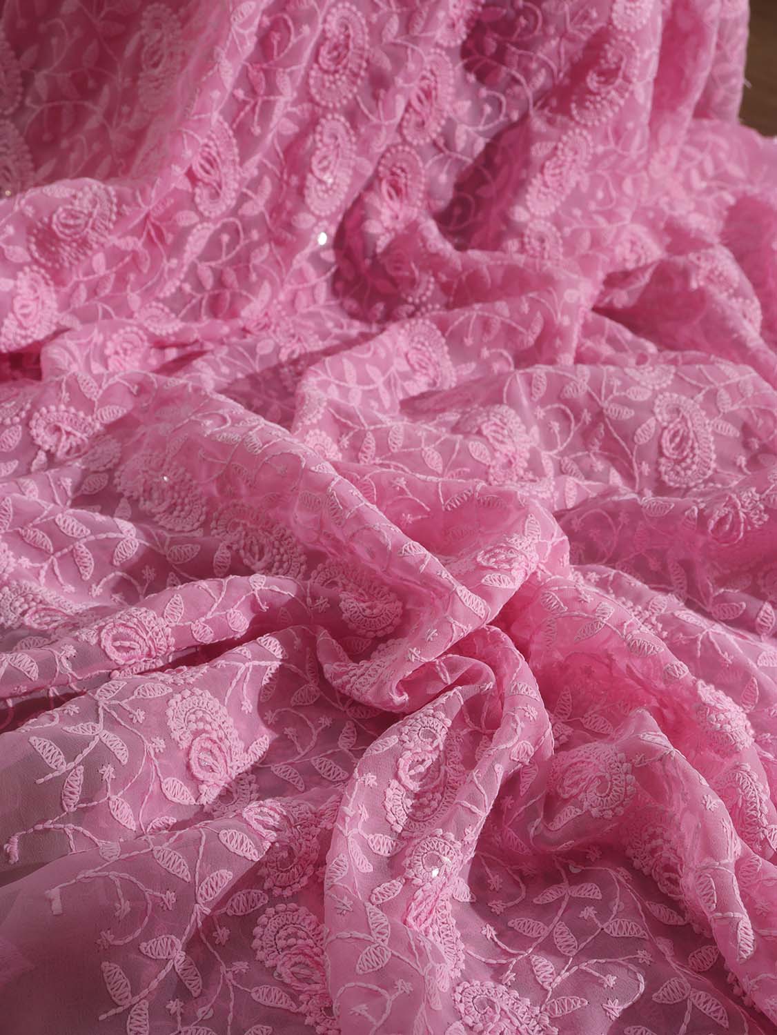 Pink Embroidered Chikankari Georgette Sequins Work Saree - Luxurion World