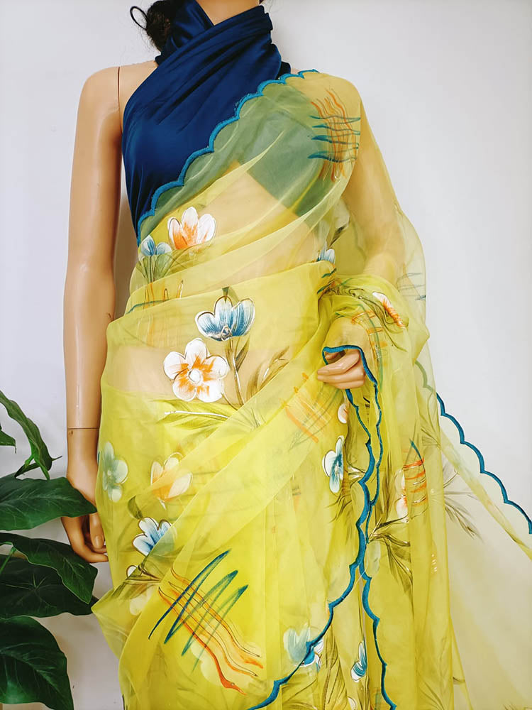 Yellow Hand Painted Organza Saree - Luxurion World