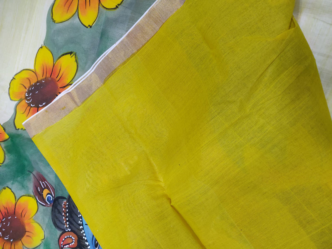 Yellow Hand Painted Pure Kerala Cotton Saree - Luxurion World