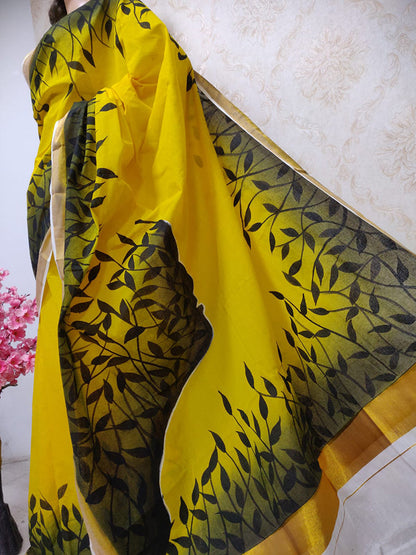 Yellow Hand Painted Pure Kerala Cotton Saree - Luxurion World