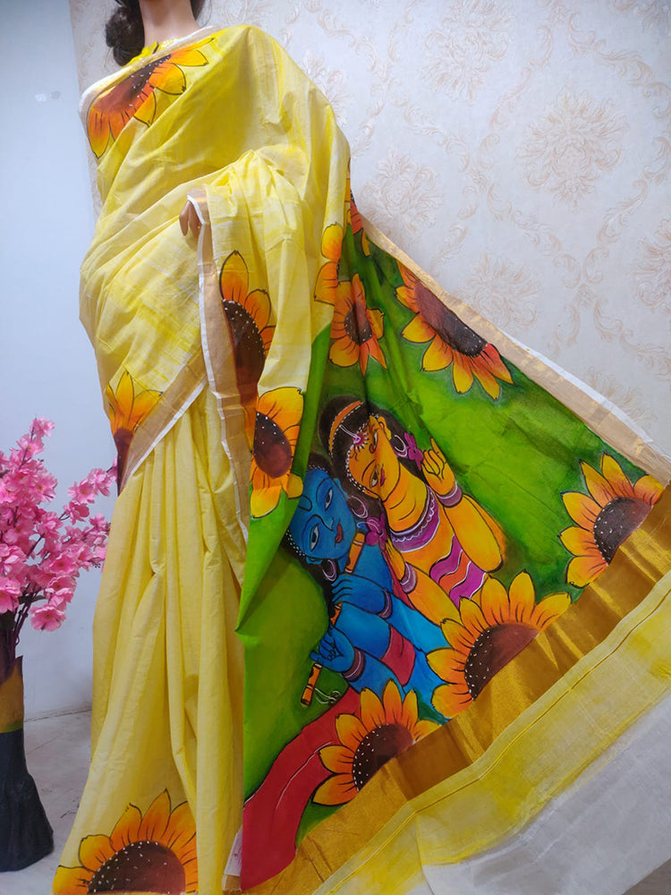 Yellow Hand Painted Pure Kerala Cotton Saree - Luxurion World