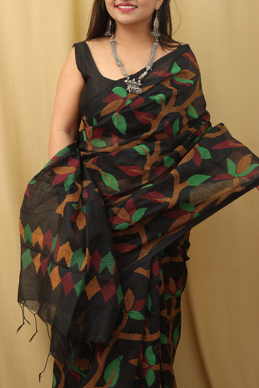 Elegant Black Jamdani Print Tussar Silk Saree - Luxurion World