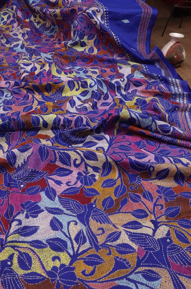 Stunning Blue Kantha Silk Saree with Hand Embroidery - Luxurion World