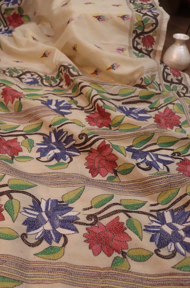 Exquisite Off White Kantha Silk Saree with Hand Embroidery - Luxurion World
