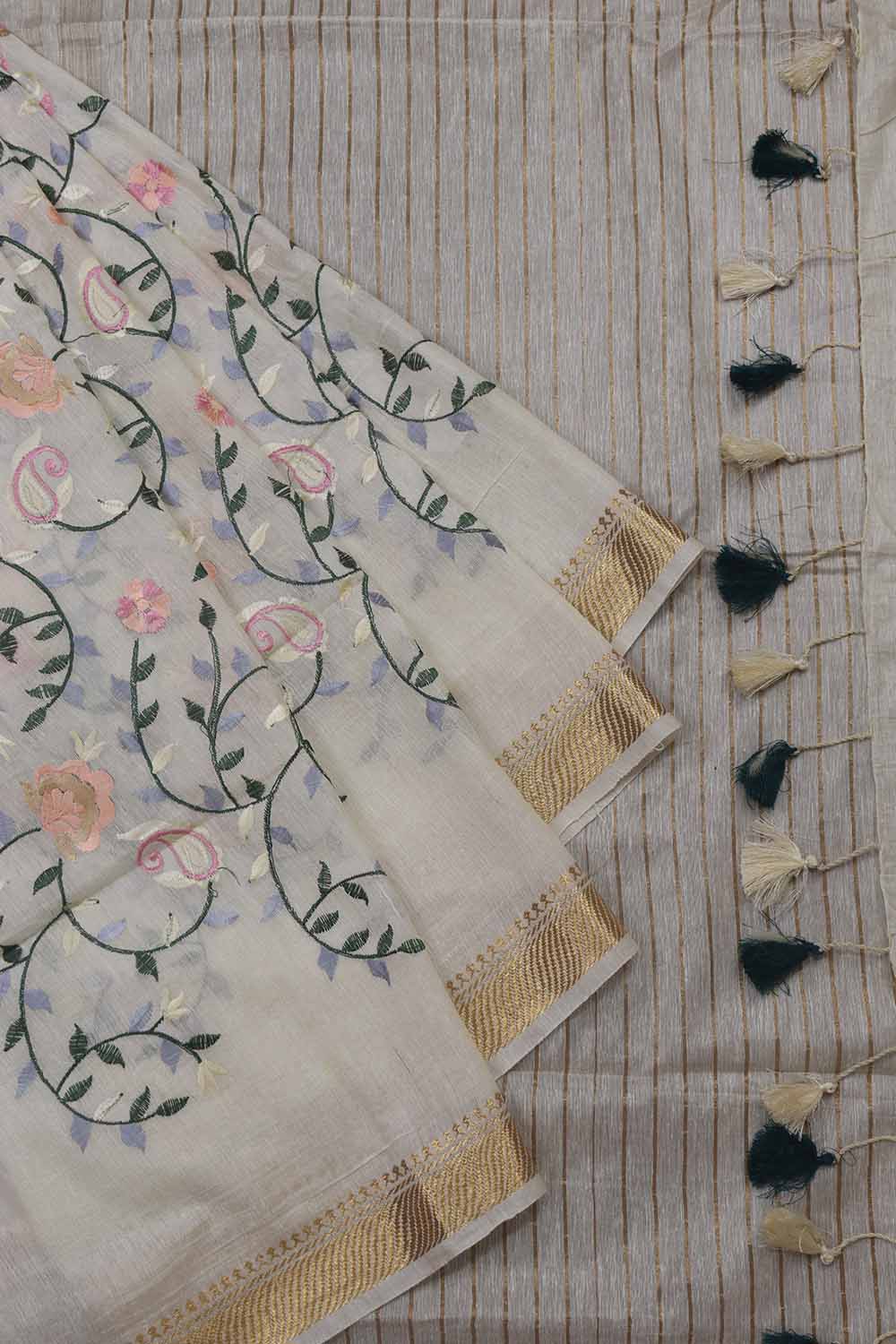 Stunning Pastel Linen Silk Saree with Intricate Embroidery - Luxurion World