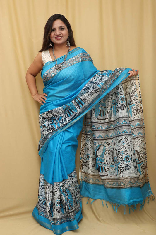 Blue Madhubani Digital Printed Cotton Silk Saree - Elegant Design - Luxurion World