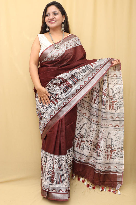 Brown Madhubani Digital Printed Cotton Silk Saree - Luxurion World