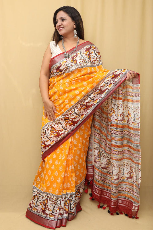 Vibrant Yellow Madhubani Cotton Silk Saree with Digital Print - Luxurion World
