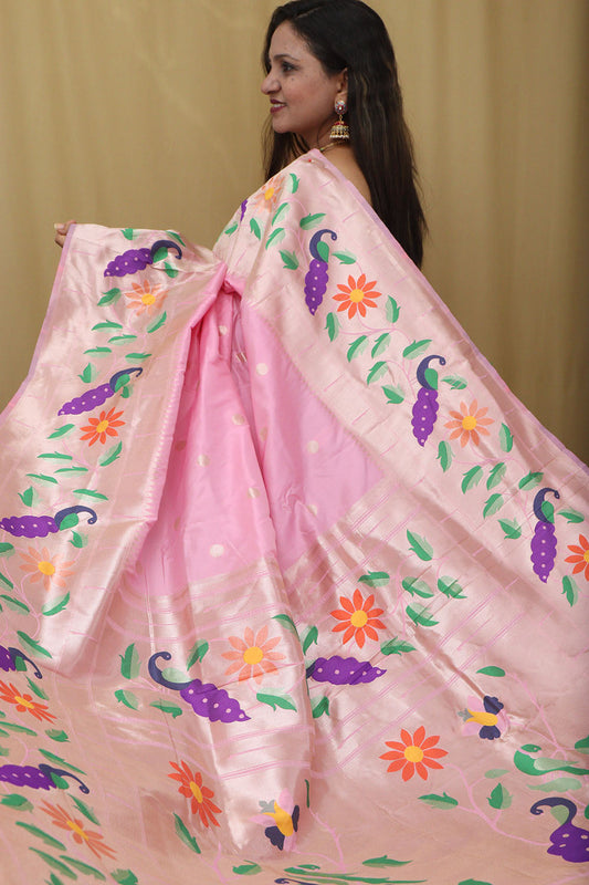 Elegant Pink Paithani Silk Saree with Parrot and Flower Design - Luxurion World