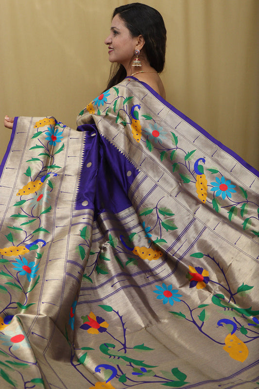 Elegant Purple Paithani Silk Parrot & Flower Saree