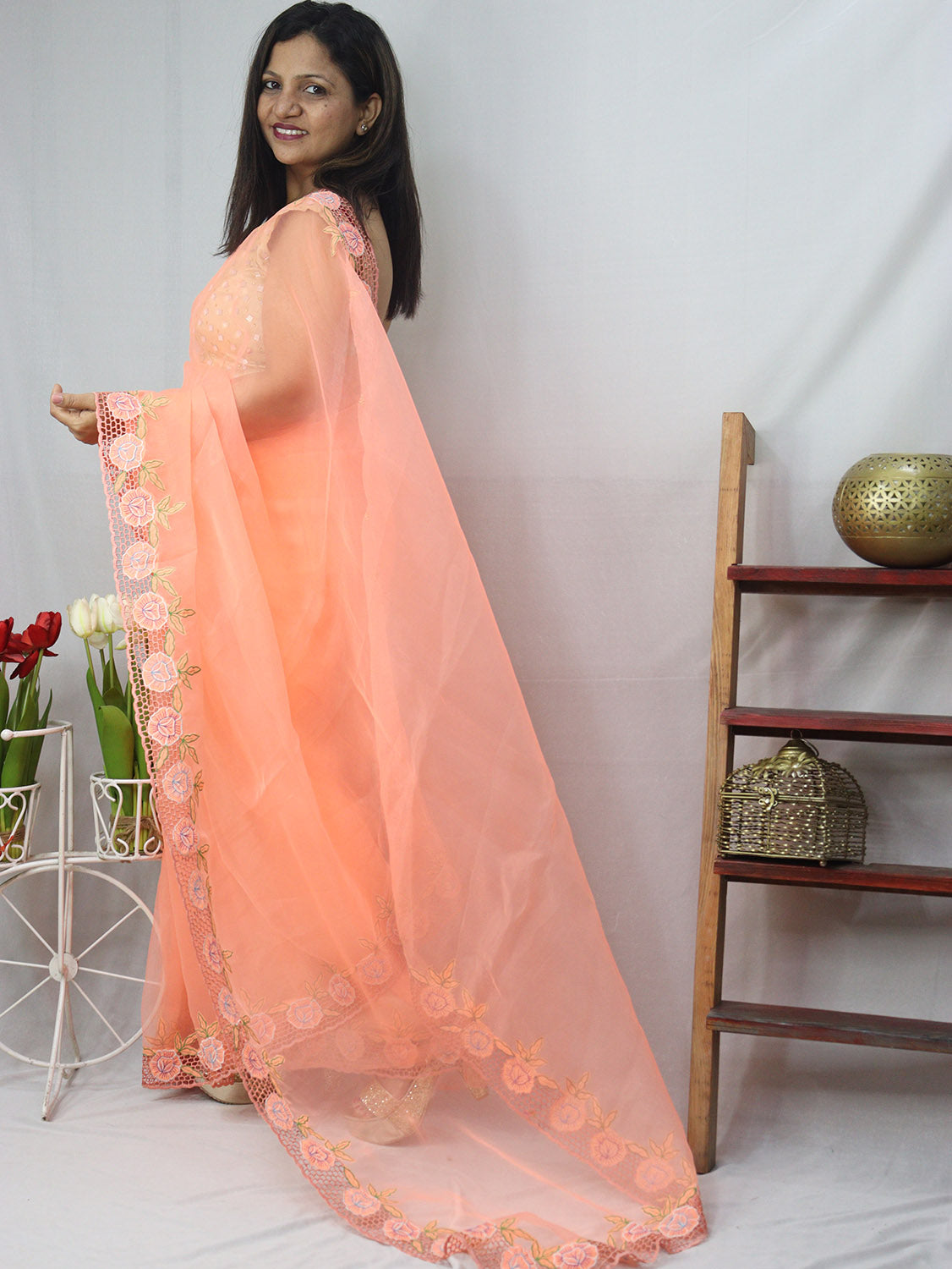 Get the Latest Orange Organza Cut Work Saree Online - Shop Now! - Luxurion World