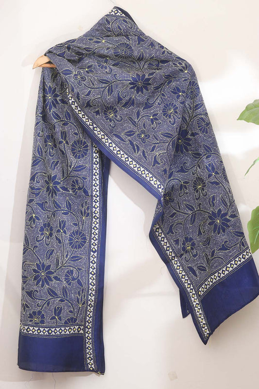 Blue Silk Stole with Hand Embroidered Kantha Design - Luxurion World