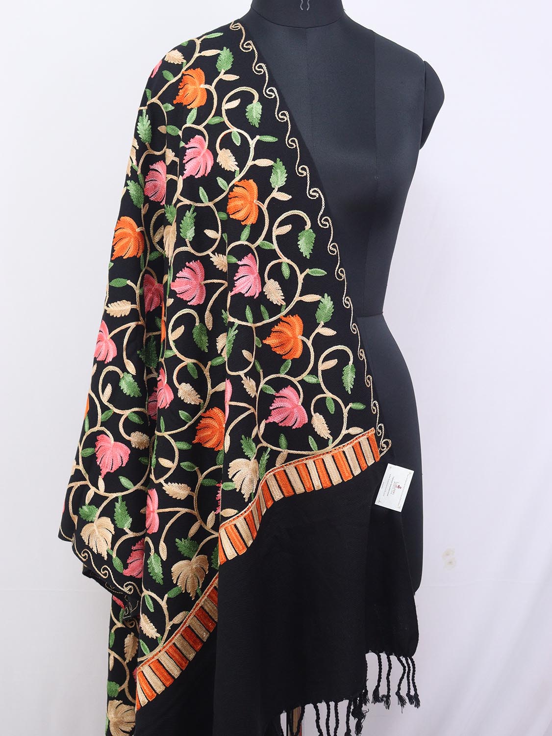 Black Embroidered Kashmiri Aari Work Woollen Stole - Luxurion World
