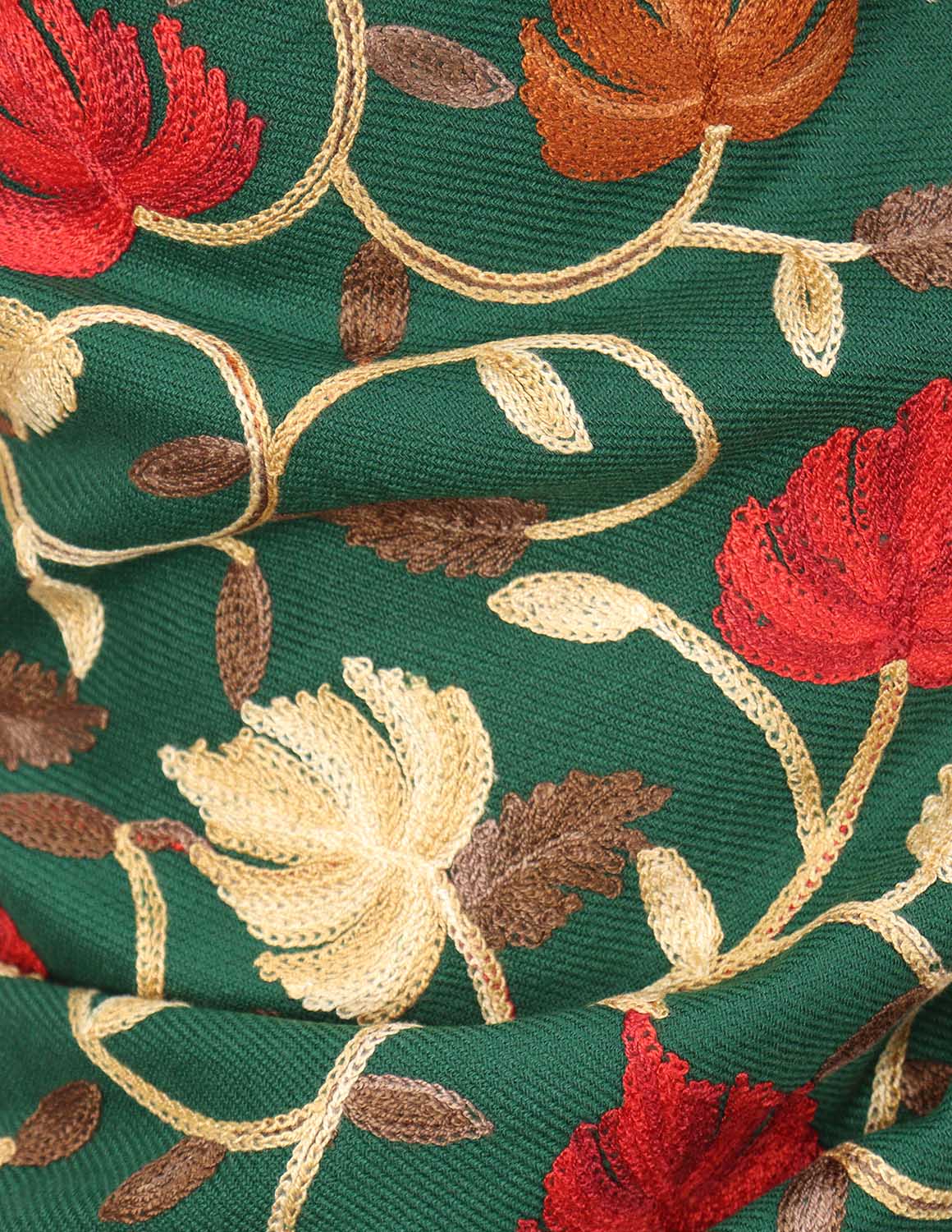 Green Embroidered Kashmiri Aari Work Woollen Stole - Luxurion World