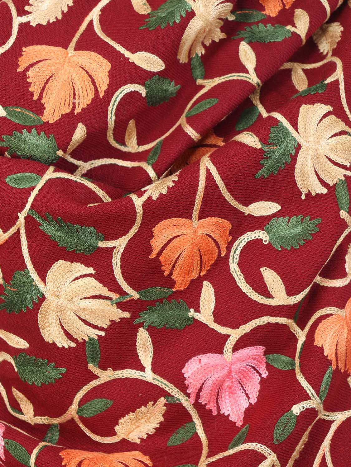 Red Embroidered Kashmiri Aari Work Woollen Stole - Luxurion World