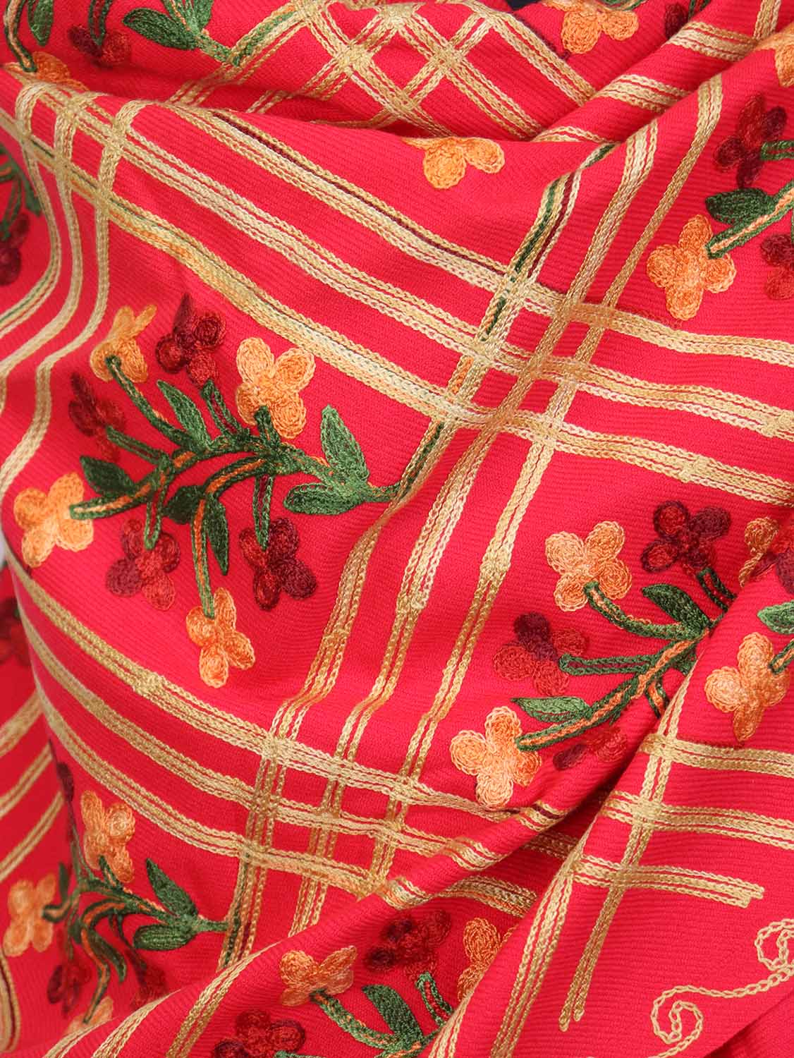 Red Embroidered Kashmiri Aari Work Woollen Stole - Luxurion World