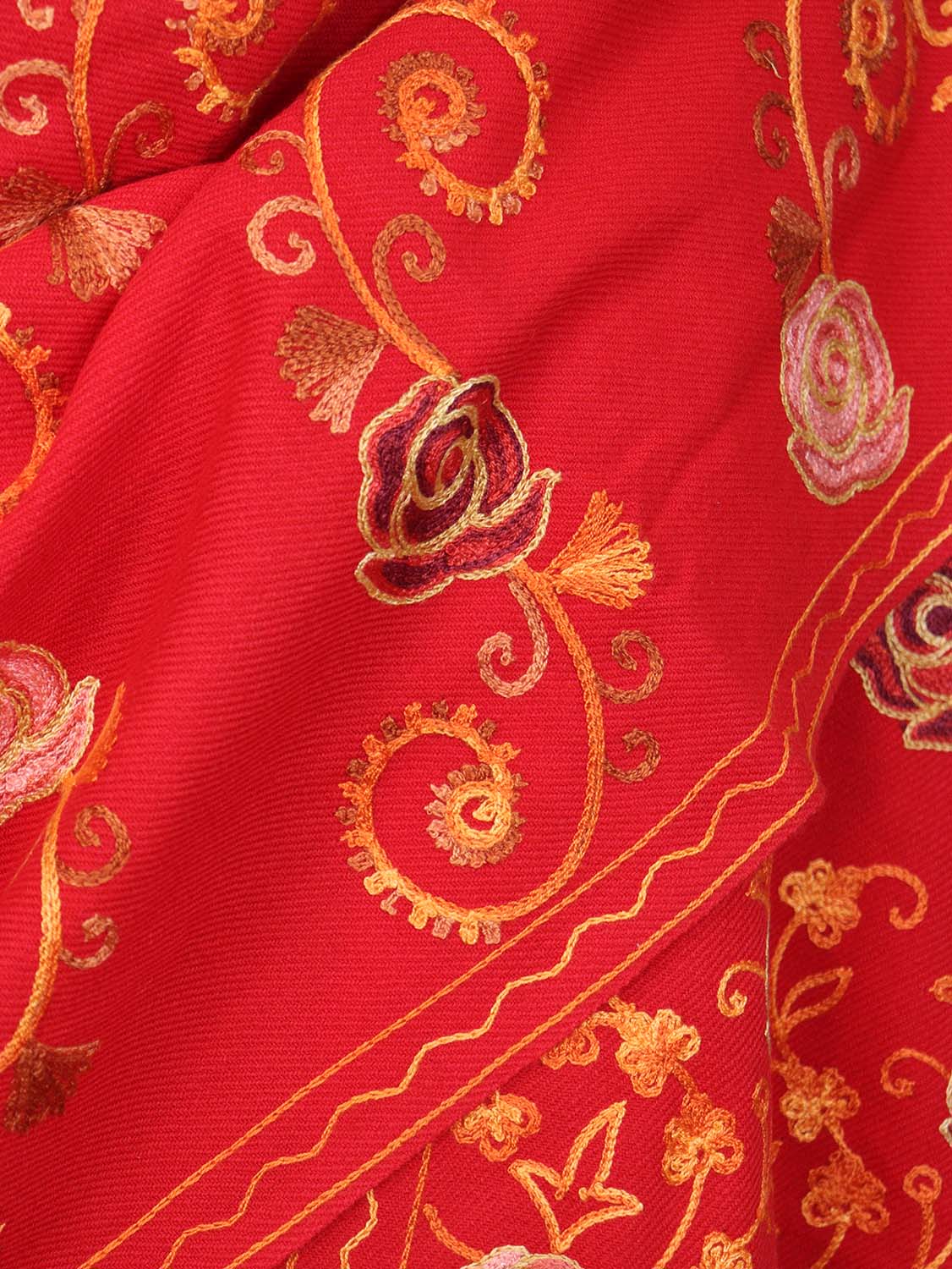 Red Embroidered Kashmiri Aari Work Woollen Stole - Luxurion World