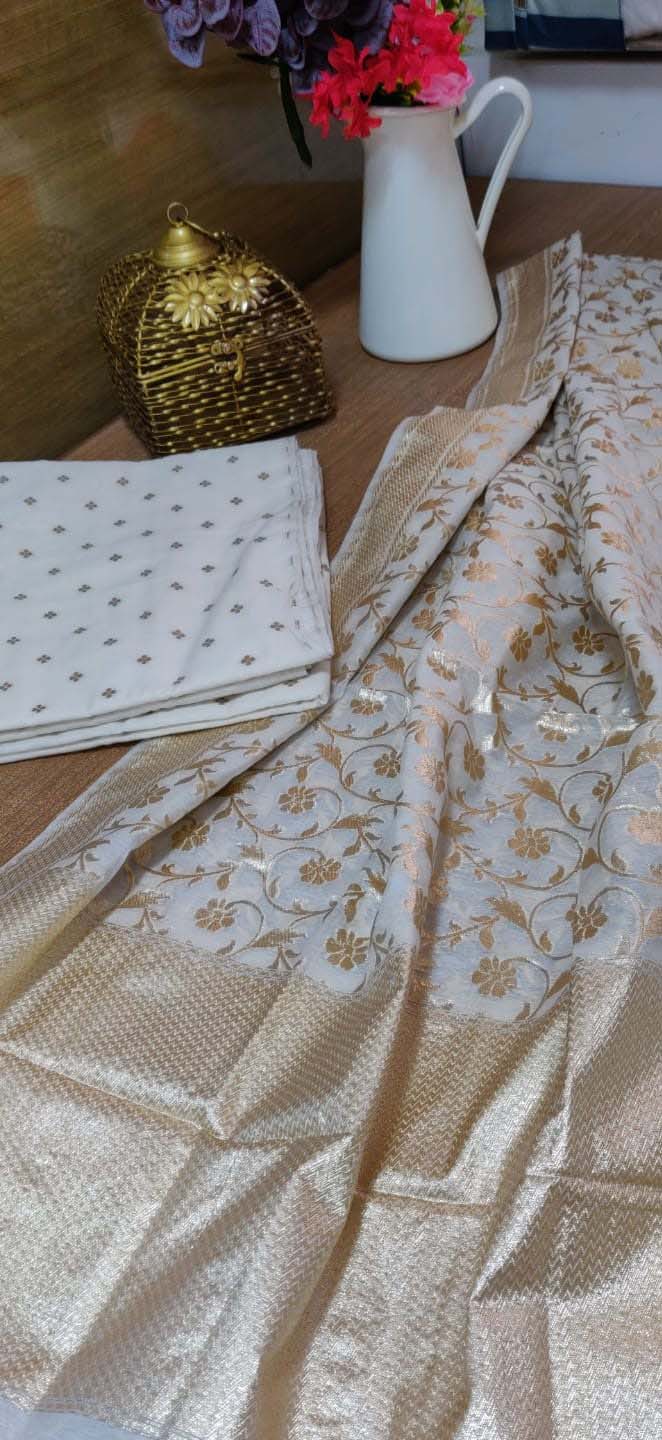 Dyeable Banarasi Chanderi Silk Three Piece Unstitched Suit Set - Luxurion World