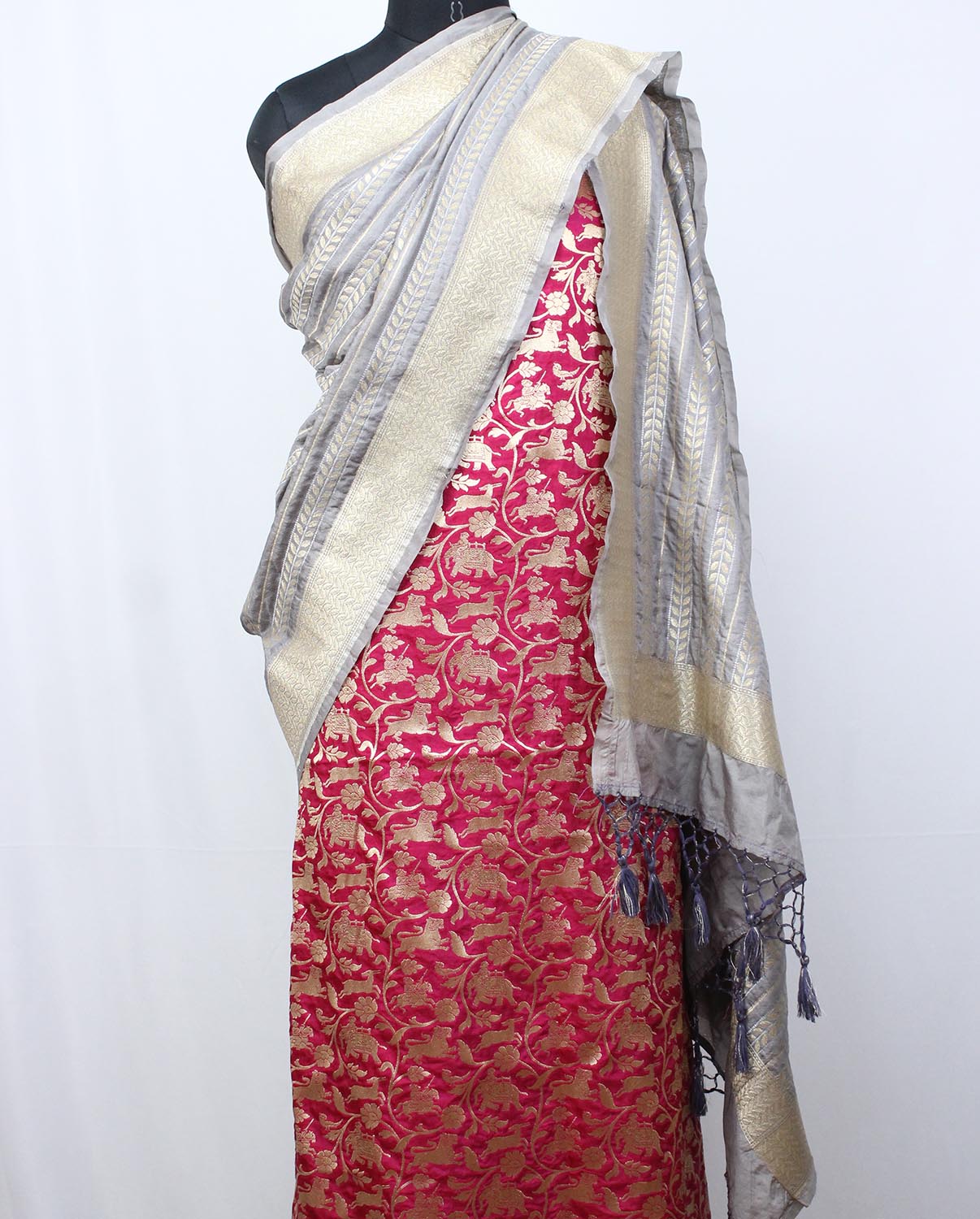Pink Banarasi Silk Suit With Grey Banarasi Silk Dupatta - Luxurion World