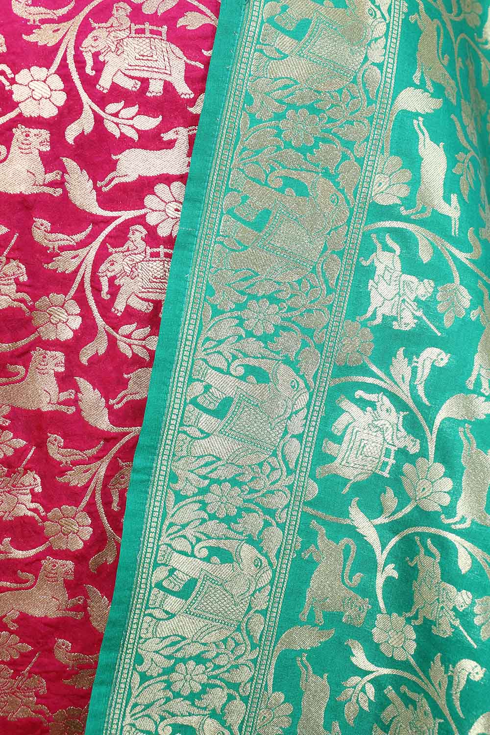 Pink Banarasi Silk Suit With Green Banarasi Silk Dupatta - Luxurion World