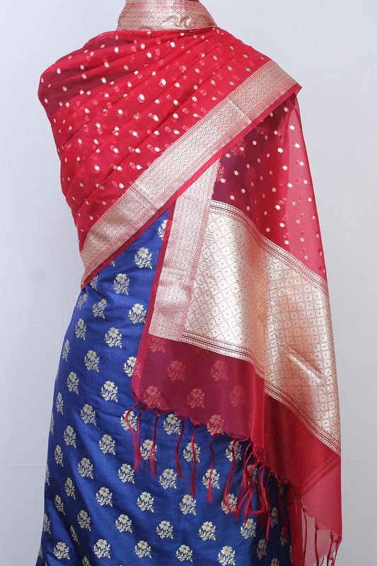 Blue Banarasi Silk Suit With Red Banarasi Organza Dupatta