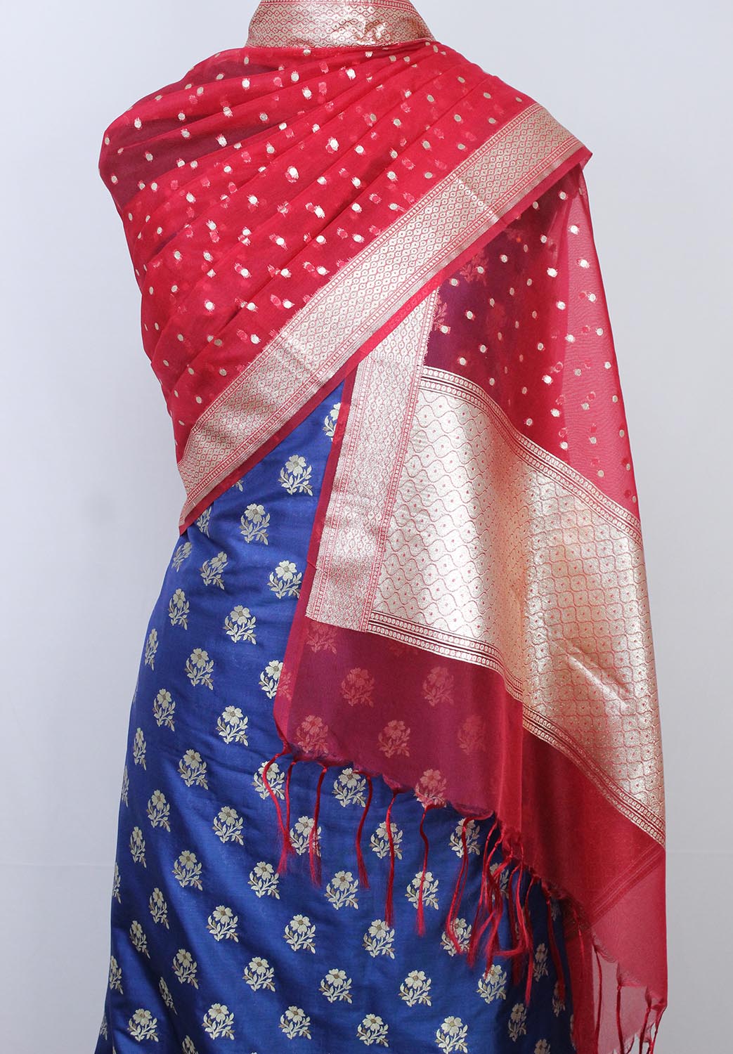 Blue Banarasi Silk Suit With Red Banarasi Organza Dupatta - Luxurion World