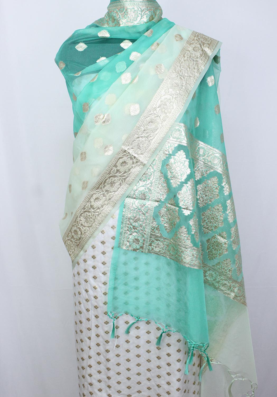 Dyeable Banarasi Silk Suit With Sea Green Shaded Banarasi Organza Dupatta - Luxurion World