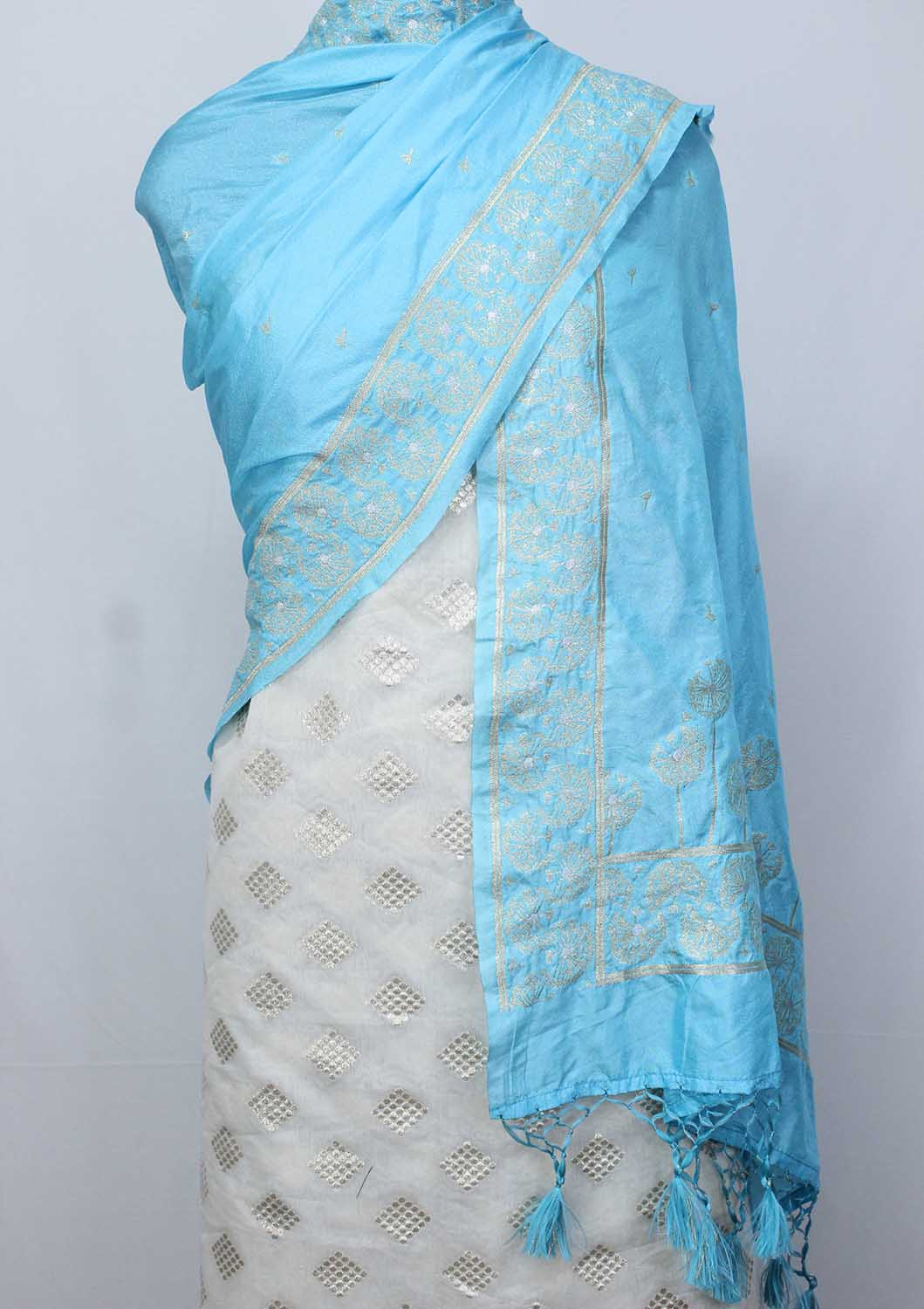 Dyeable Banarasi Cotton Silk Suit With Blue Banarasi Silk Dupatta - Luxurion World