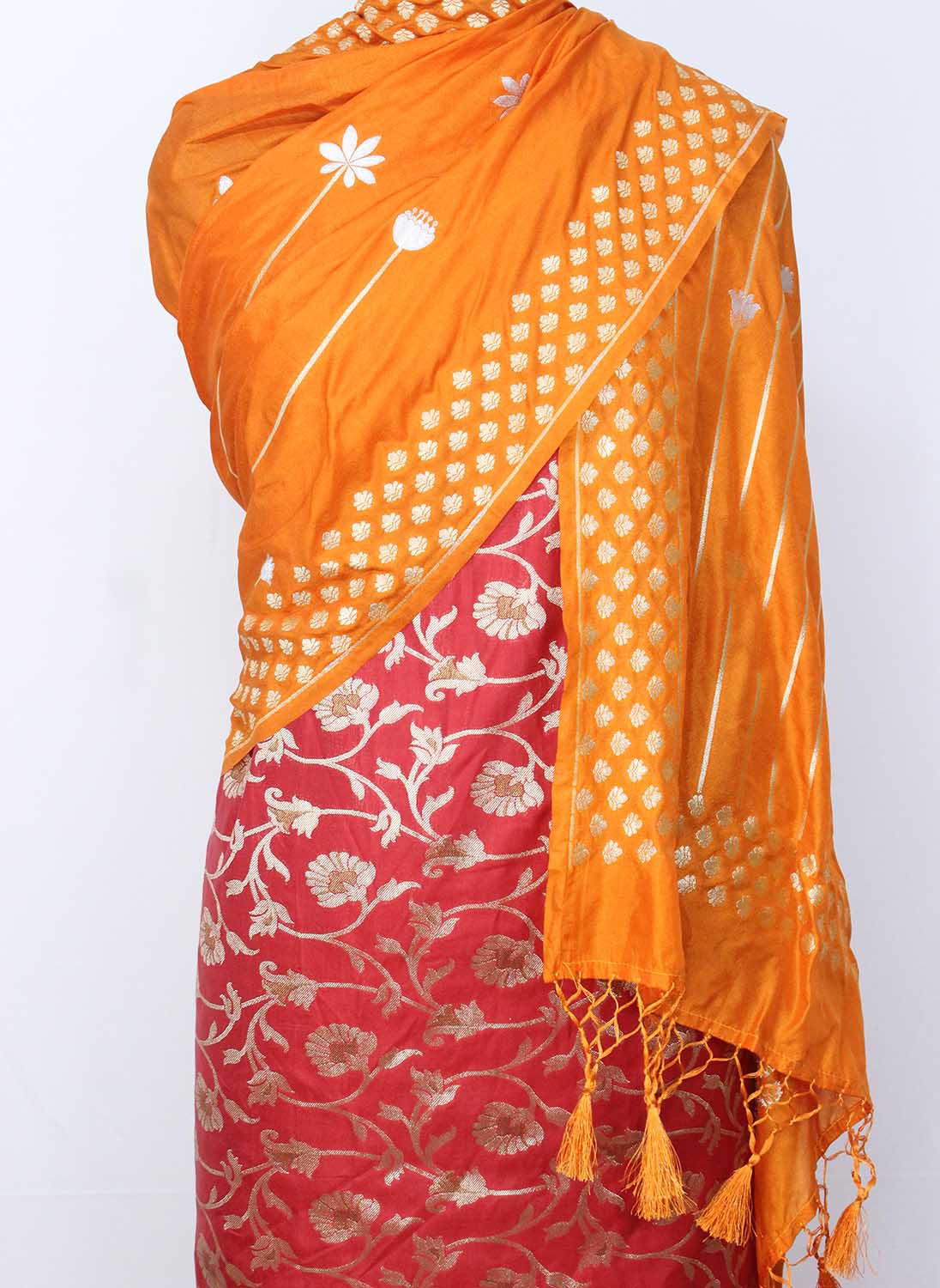 Red Banarasi Silk Suit With Orange Banarasi Silk Dupatta - Luxurion World