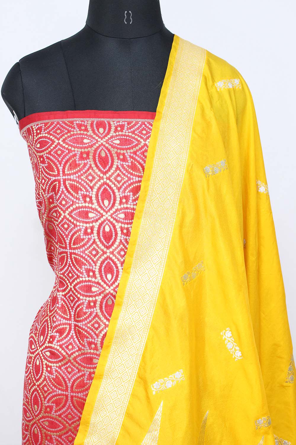 Red Banarasi Silk Suit With Yellow Banarasi Silk Dupatta - Luxurion World